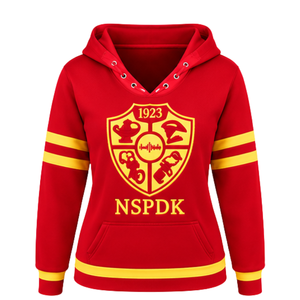 Sudadera con capucha de la hermandad PDK para mujer, roja y dorada, con corona de laurel, cuello con ojales, letras griegas, mangas a rayas estilo universitario, forro polar. - Product Image 3
