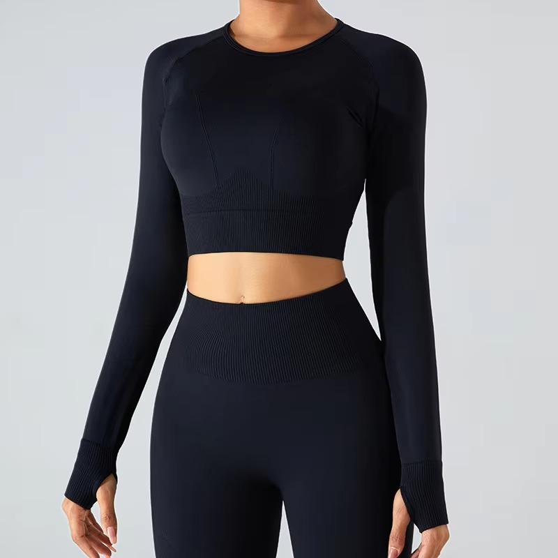 High Quality Women's Yoga Long Sleeve Shirts Solid Neck Compression Seamless Cotton Spandex Quick-Drying Breathable Sports Tops