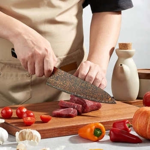 Artisan <b>Copper</b> Damascus Pattern Outdoor Utility Chef Knife With Decorative Wooden <b>Handle</b> For Picnic And Camp Food Preparation - Product Image 6