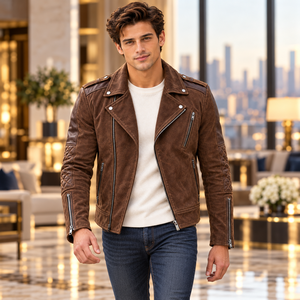 Veste en daim véritable pour homme, vert forêt, style streetwear, avec col à revers, poches zippées et poignets zippés, pour un look décontracté - Product Image 3