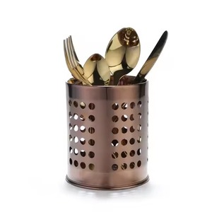 Gold Stainless Steel Round Cutlery Holder <b>Kitchen</b> Utensil Organizer Spoon Fork Storage Rack Tabletop Utensil Stand Holder <b>caddy</b> - Product Image 1