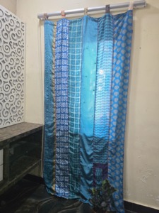 Indian Handmade Vintage Bohemian Silk Rope Patchwork Sari Curtains Square Shape Lightweight Customizable 42x84 Home <b>Window</b> - Product Image 1
