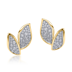 Boucles d'oreilles clous de luxe pour femme, plaquées or jaune, avec diamants, forme feuille de plante, taille brillant rond, micro-incrustation, pour usage quotidien - Product Image 1