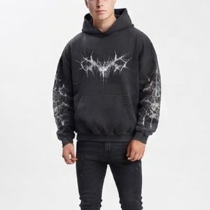 New Sales <b>Men's</b> Black Hooded <b>Sweatshirt</b> With <b>White</b> Crack Print Front Pocket Casual Autumn Wear 100% Cotton Knitted Regular Fit - Product Image 1