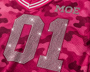 Wholesale Pink Camouflage Women Cropped <b>Top</b> Custom <b>Rhinestone</b> Number American Football Jersey Short Sleeve Summers Crop Tee Y2K - Product Image 2