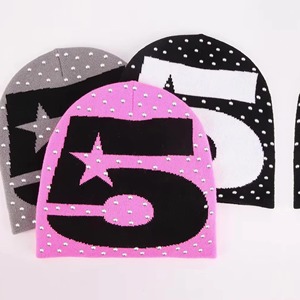 Gorro Unisex con Diseño de Número 5 con Pedrería, Color Rosa, Negro y Gris, Estilo Urbano, Gorro de Invierno Informal para Adultos, 56-58 cm - Product Image 6