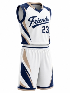 Basketball Uniform Set White <b>Navy</b> Gold Sublimated Sleeveless V-Neck Breathable Polyester Men's Athletic Wear - Product Image 4