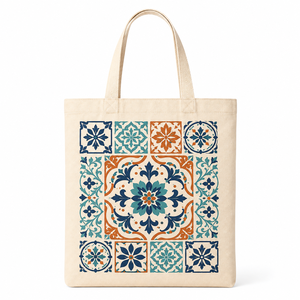 Cotton Canvas Boho <b>Tote</b> <b>Bag</b> with Rope Handle Durable Floral Tile Print Reusable Shopping Carryall for <b>Beach</b> Grocery & Daily Use - Product Image 2