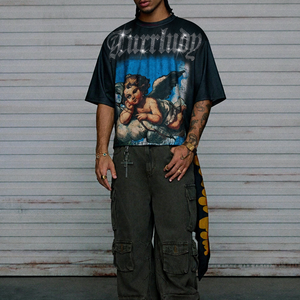 เสื้อยืดผู้ชายลายกราฟิกเทวดาประดับเพชร สไตล์สตรีทแฟชั่นเท่ๆ ทรงโอเวอร์ไซส์ แขนสั้น - Product Image 4