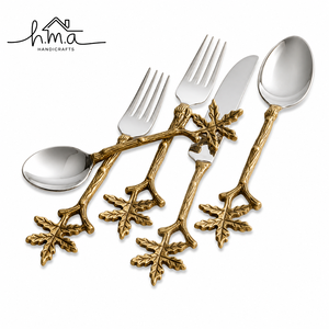 Juego de Cubiertos de Latón Dorado con Diseño de Ramas y Hojas, Cuchara, Tenedor, Cuchillo, Vajilla Decorativa - Product Image 1