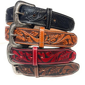 Western Men and Women 40mm Floral Embossed Hand <b>Tooling</b> <b>Belt</b> with Anti Nickel Buckle Leather <b>Belts</b> Made in India - Product Image 6