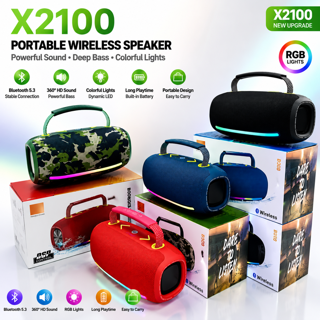 Portable Handle Outdoor Sound System BOOMBOX2100 Dynamic RGB Stream Light Clear Treble Rich Bass Splashproof Party Music Player · image 3