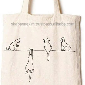 Sac fourre-tout de luxe en toile de coton de haute qualité pour femme, sac de shopping en coton naturel avec imprimé chat, sac de rangement en toile d'Inde - Product Image 1