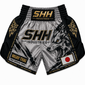 Pantalones Cortos de Muay Thai Personalizados SHH OEM para Hombre, Color Plateado y Negro, Satinados, para Kickboxing y Boxeo, con Logotipo Personalizado, Fabricante Deportivo - Product Image 1