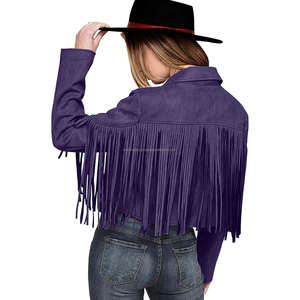Purple Vintage Suede Fringe Tassel Crop Women's Breathable Autumn <b>Jackets</b> Boho <b>Western</b> Cowboy Style Long Sleeve Lapel Open Front - Product Image 3