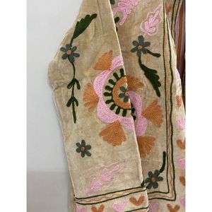 Hand Embroidered <b>Velvet</b> Knitted Cotton <b>Jacket</b> <b>Women</b> Mandarin Collar Full Sleeve Floral Pattern Open Front Prairie Winter/Spring - Product Image 4