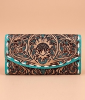 Dompet Pendek Kulit Asli Vintage Gaya Barat dengan Desain Bunga Timbul dan Penutup Kancing untuk Penggunaan Sehari-hari dan Malam Hari