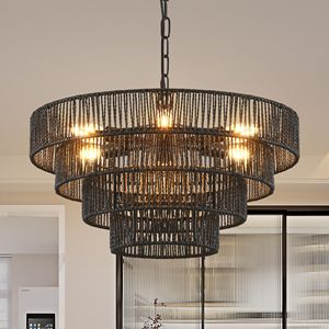 Lampadario Rustico a 4 Livelli in Corda di Canapa Nera da 20 Pollici, Lampada a Sospensione Boho Fatta a Mano con 6 Attacchi E12 - Product Image 4
