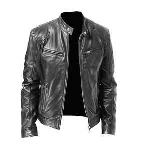 <b>Racer</b> Men's Coated Genuine Sheep Skin Leather Motorcycle Biker <b>Jacket</b> with Stand Collar and Pattern Winter Black 2026 - Product Image 1