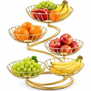 Panier à fruits populaire en fil de cuivre doré rose, bol rond en maille métallique avec bord et pieds en bois pour table - Product Image 5