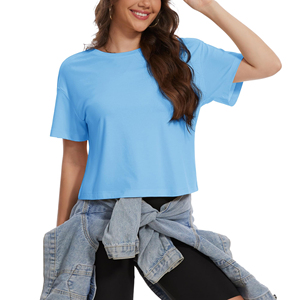 Camiseta Corta de Moda para Mujer a Precio Bajo, Ligera, de Mezcla de Algodón, Manga Corta, Cuello Redondo, Cómoda, Informal, para Uso Diario, Verano - Product Image 6