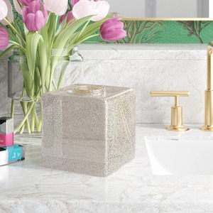 Dispensador de pañuelos faciales de cristal de mercurio brillante de lujo, colección premium para baño contemporáneo, caja de pañuelos plateada con vetas plateadas - Product Image 6