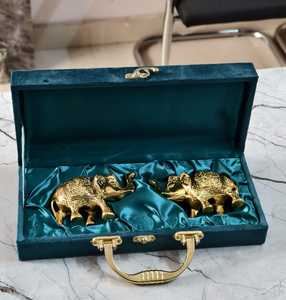 Luxury Golden <b>Elephant</b> Figurine Pair in Premium Velvet Gift Box <b>Decorative</b> Brass Finish <b>Elephant</b> Set Wedding Return Gift - Product Image 1