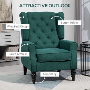 Poltrona con Schienale Alto Verde Scuro, Braccioli Rotondi Trapuntati con Bottoni, Gambe in Legno per Soggiorno - Product Image 4