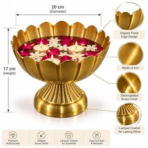 Bol à fleurs en laiton poli de 20 cm de large, vase en métal fait main en forme de lotus pour centre de table de mariage, bougie flottante - Product Image 5