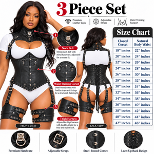 Conjunto de 3 Piezas de Corsé Gótico de Cuero para Mujer con Collar y Arnés para Muslos - Product Image 5