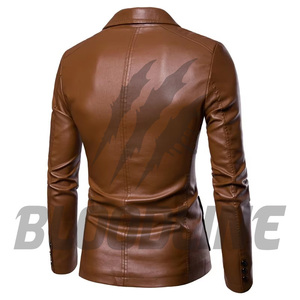 Men's Burgundy PU Leather Blazer Slim Fit Turn-<b>down</b> Collar Single Breasted Smart Casual Jacket Autumn Wear - Product Image 2