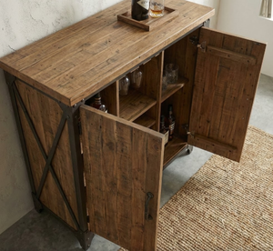 Meuble bar en bois de manguier massif, style industriel, artisanal, écologique, avec 5+ compartiments, étagères de rangement et présentoir à vin - Product Image 2