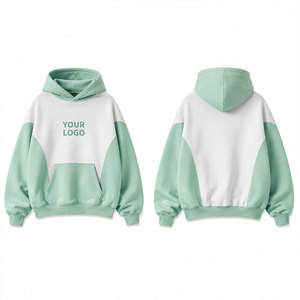 Sudadera con capucha de bloques de color blanco y verde menta, corte oversize, logo frontal con estampado por transferencia térmica, ropa casual de otoño. - Product Image 1