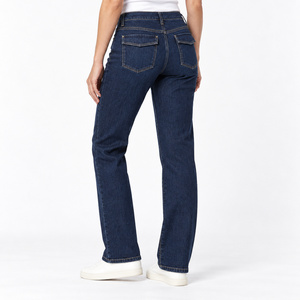 Jean en denim pour femme, taille mi-haute, coupe droite, avec rabat de poche replié - Indigo foncé - Product Image 3