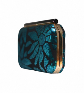 Luxury Black Blue Sequin Clutch <b>Dual</b> Side Design with Raw Silk Inner Designer Clasp and Long Sling Chain - Product Image 2