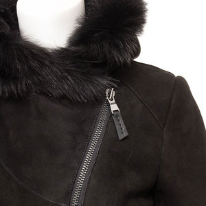 Outerwear Women's <b>Black</b> Suede Asymmetric Zipper Coat With Fur Trim Hood And Cuffs Winter Windproof Full Sleeve <b>Jacket</b> - Product Image 3