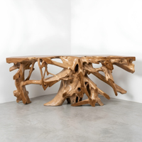 Table console en racine de teck à bord naturel pour hôtel, complexe hôtelier, villa, hall d'entrée, mobilier contractuel, meuble d'entrée en bois naturel de caractère