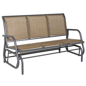 Panca a dondolo da esterno in legno massello per 3 persone con tessuto a rete traspirante, 3 posti, telaio in metallo marrone, mobili da giardino - Product Image 1