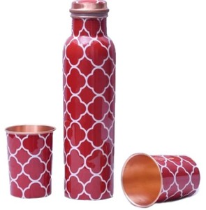 Enamel Copper Water Bottle Round Metal Flask with Lid and Cup Pattern <b>Drinkware</b> for Home Office Travel Gift - Indian Home Crafts - Product Image 4