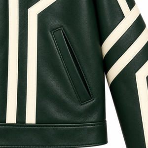Chaqueta Bomber de Cuero Genuino Verde para Hombre, Diseño Geométrico con Bloques de Color, Cuello Camisero, Cierre de Cremallera, Estilo Urbano Ecológico - Product Image 6