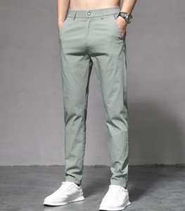 กางเกงขายาวผู้ชายสีพื้นผ้าบางใส่สบายสไตล์ลำลอง ยืดได้ น้ำหนักเบา ซิปกลาง ผ้าฝ้าย ขายดีประจำฤดูใบไม้ร่วง - Product Image 3