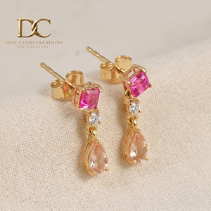 Boucles d'oreilles en or massif 14 carats, diamant de laboratoire certifié IGI, tourmaline rose et saphir Padparadscha, pour femme, bijoux sur mesure - Product Image 2