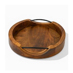 Round Wooden Serving Tray in Brown Mango with Handles Handmade <b>Rustic</b> Decorative Platter for <b>Coffee</b> <b>Table</b> Kitchen Dining - Product Image 1