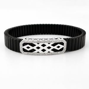 925 Sterling <b>Silver</b> Black Enamel Cubic Zirconia Bracelet High Polish Geometric Openwork <b>Mens</b> Unisex Link for Party Wedding Daily - Product Image 1