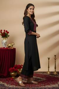 Ensemble Kurti et pantalon pour femme, noir, en coton épais, coupe droite, longueur mollet, col rond et manches trois quarts, pour tenue ethnique - Product Image 2