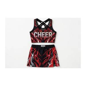Custom Sublimation Rhinestone Cheerleading Uniform Women Girls Flame Print Cheerleader Outfit <b>Top</b> <b>Skirt</b> <b>Set</b> - Product Image 2
