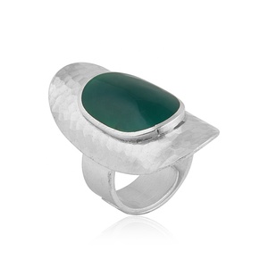 Green Onyx Oval Cabochon Sterling <b>Silver</b> Hammered <b>Ring</b> Gemstone <b>Chunky</b> Bohemia Jewelry Manufacturer Supplier - Product Image 1
