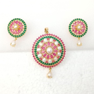 RAY FINE ORNATES IGI Certified Victorian <b>Ruby</b> Emerald Pearl Pendant Set 22K Gold Plated Bridal <b>Necklace</b> Earrings Jewelry - Product Image 2