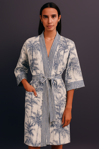 Kimono largo de algodón con estampado artesanal indio para mujer, cuello en V, manga larga, estilo bohemio, para estar en casa o la playa, ideal para primavera. - Product Image 5