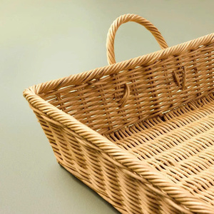 Slim Wicker Rattan Long Rectangular <b>Tray</b> Organizer For Tabletop Display, <b>Kitchen</b> Storage And Decorative Arrangement - Product Image 3